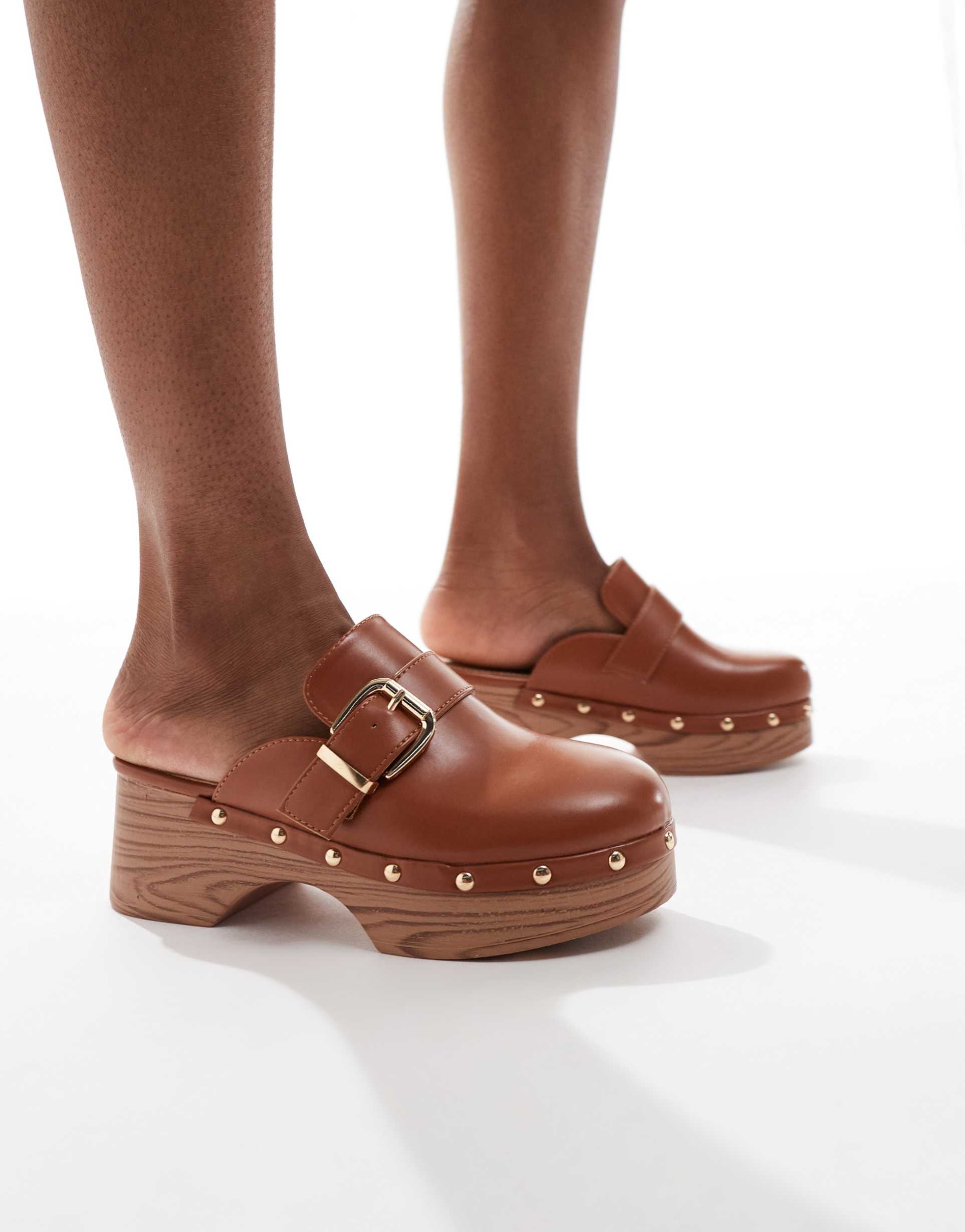 seqwl clog mules with buckles in tan