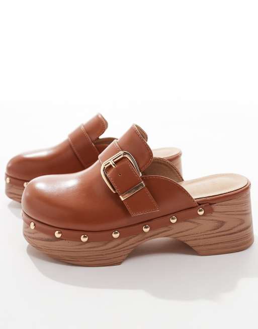 SEQWL clog mules with buckles in tan