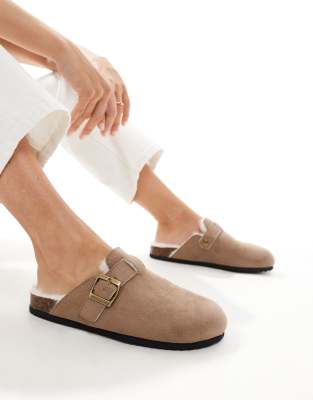 SEQWL - Clogs in Taupe mit Kunstpelzfutter-Neutral