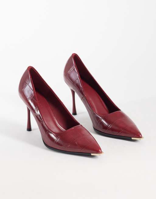 SEQWL court heeled shoes with gold detail in burgundy croc, 2 of 4