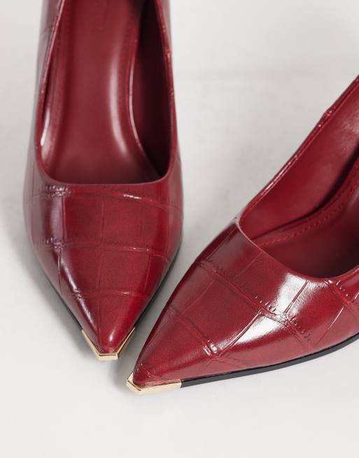 SEQWL court heeled shoes with gold detail in burgundy croc, 4 of 4