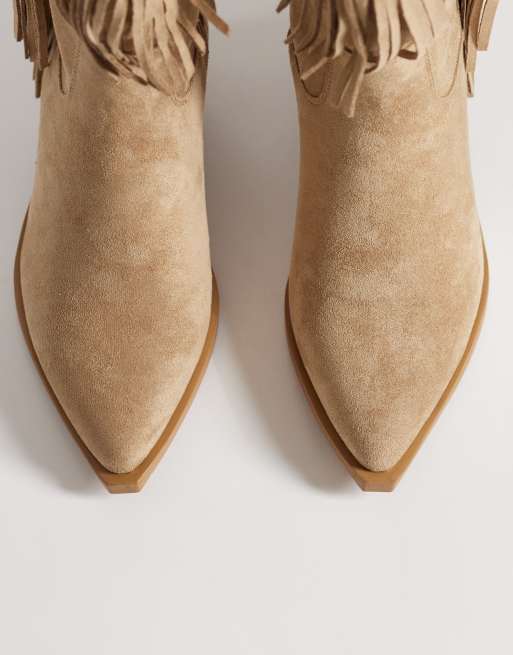 SEQWL cowboy knee boots with buckle trim and fringe in sand microsuede, 3 of 4
