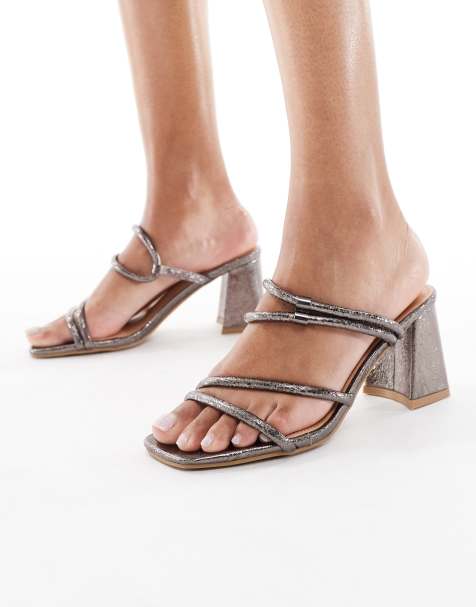SEQWL Dandelion strappy block heeled sandals in satin pewter - view 1