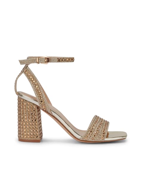 SEQWL Diamante block heel sandals with buckle closure in gold - view 1