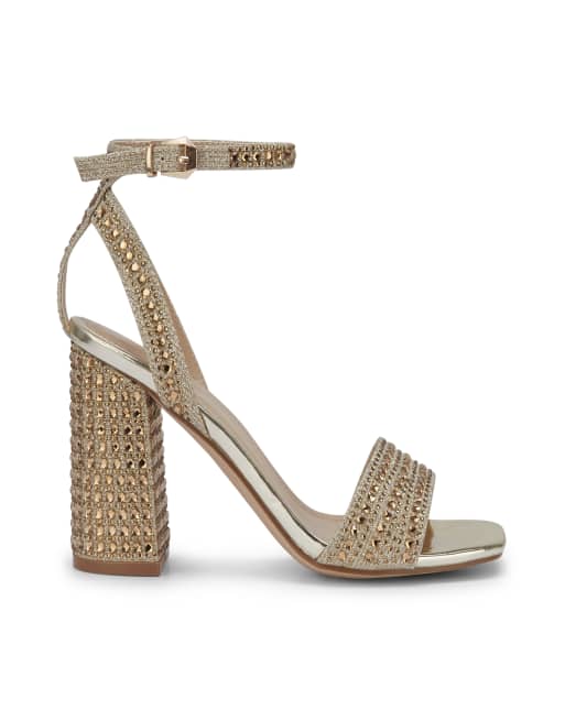 SEQWL Diamante block heel sandals with buckle closure in gold, 3 of 5