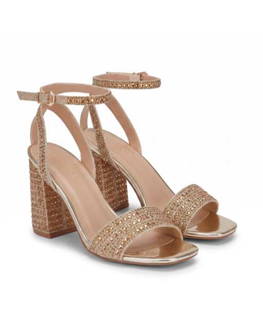 SEQWL Diamante block heel sandals with buckle closure in gold, 5 of 5