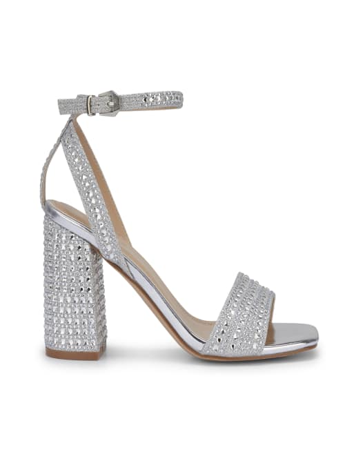 SEQWL Diamante block heel sandals with buckle closure in silver, 3 of 5