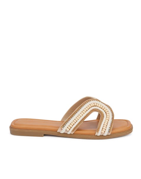 SEQWL Diamante everyday slip on slide sandals in gold - view 1