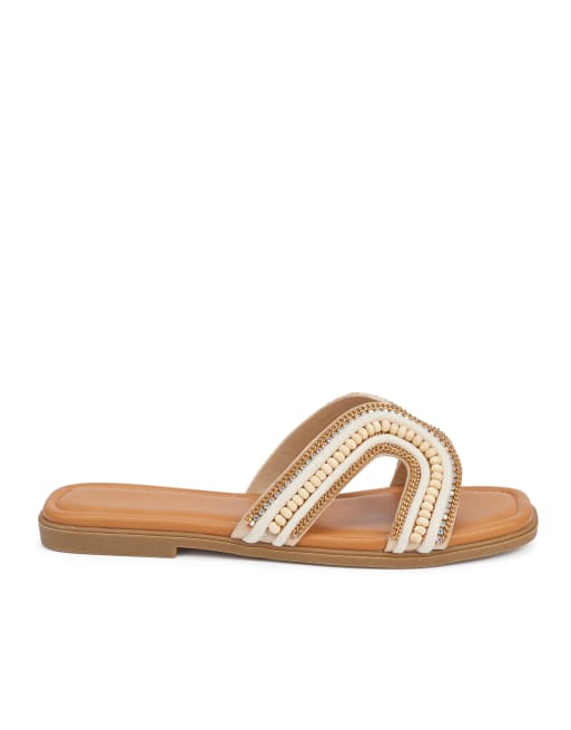 SEQWL Diamante everyday slip on slide sandals in gold
