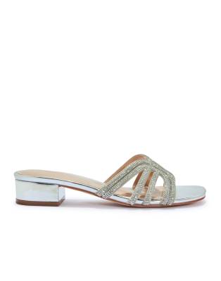 Seqwl Diamante Sandals With Block Heel In Silver