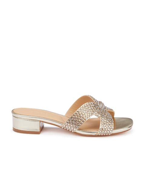 SEQWL Diamante slide sandals with block heel in gold diamantes - view 1