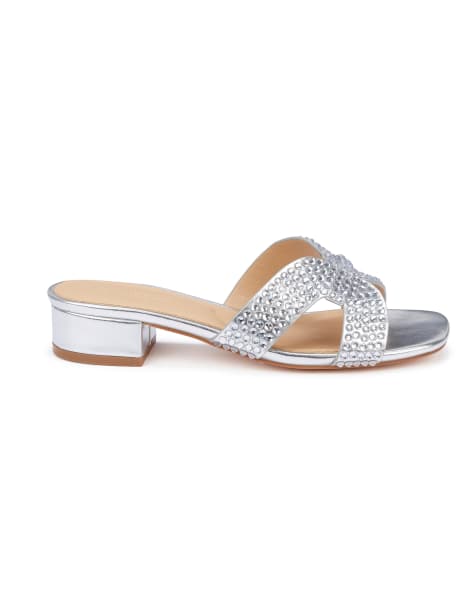 SEQWL Diamante slide sandals with block heel in silver diamantes - view 1