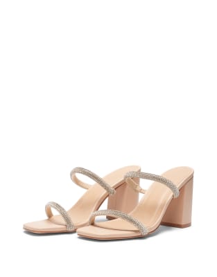  Diamante slip on sandals with block heel in beige