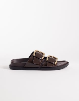 Seqwl Double Buckle Flat Sandals In Brown