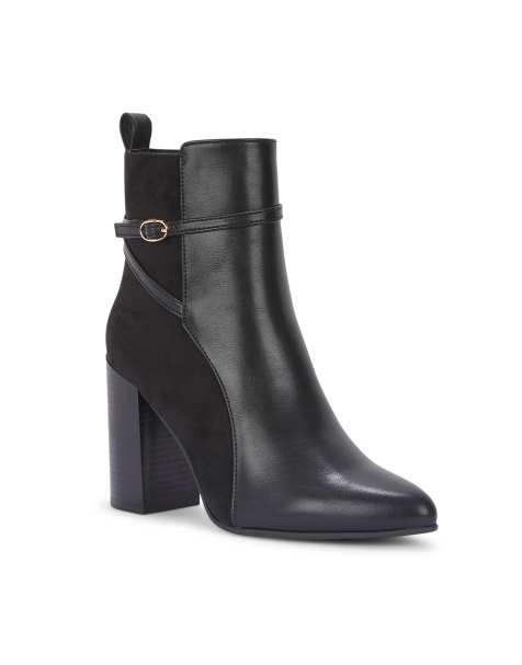 SEQWL Dress ankle booties pointed toe with thin gold buckle strap in black - view 1