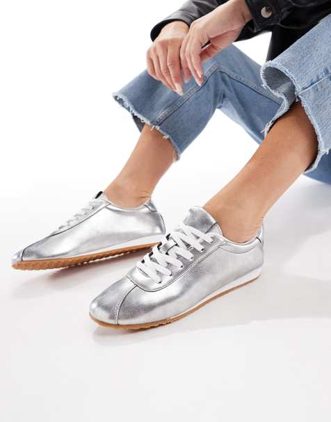 SEQWL Drifter lace up gum sole trainers in silver foil - view 1