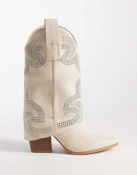 SEQWL Embelished Western knee boots in cream micro - view 1