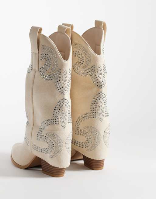 SEQWL Embelished Western Knee Boots in cream micro, 2 of 4
