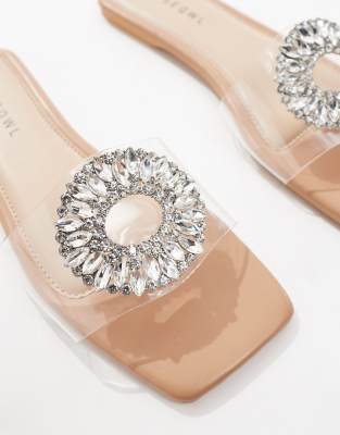 Seqwl Embellished Flat Sandals With Clear Straps In Neutral
