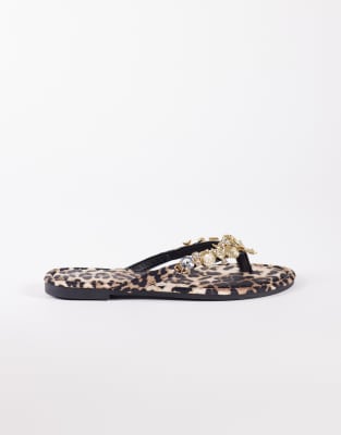 SEQWL SEQWL embellished flip flops in leopard-Multi