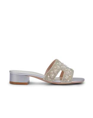 Seqwl Embellished Slip On Sandals With Block Heel In Silver