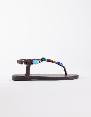 Seqwl Embellished Strappy Flat Sandals In Brown