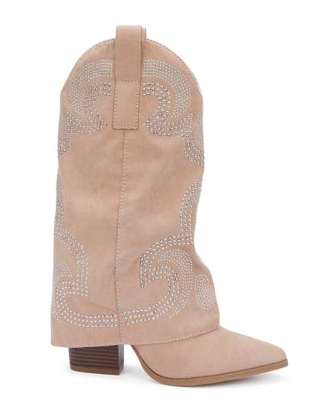 SEQWL Embroidered western fold over boots rhinestone embellished in beige - view 1