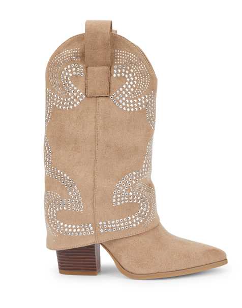 SEQWL Embroidered western fold over boots rhinestone embellished in taupe - view 1