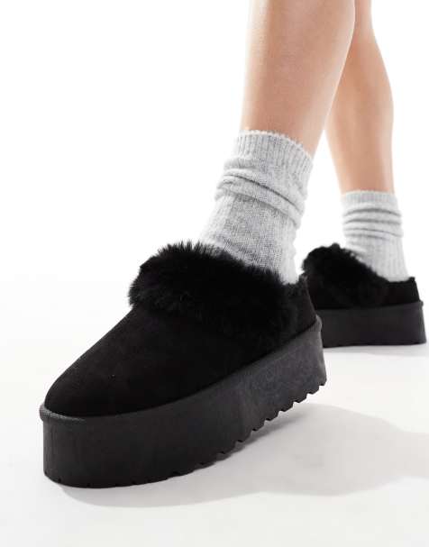 SEQWL faux fur flatform mules in black - view 1