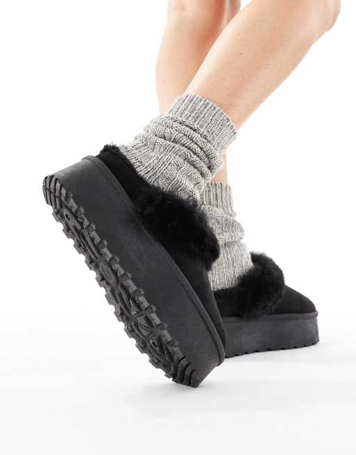 SEQWL faux fur flatform mules in black, 2 of 4