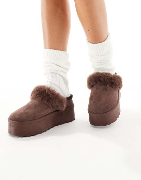 SEQWL faux fur flatform mules in chocolate - view 1