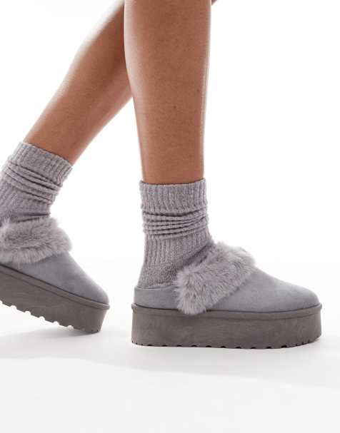 SEQWL faux fur flatform mules in grey - view 1