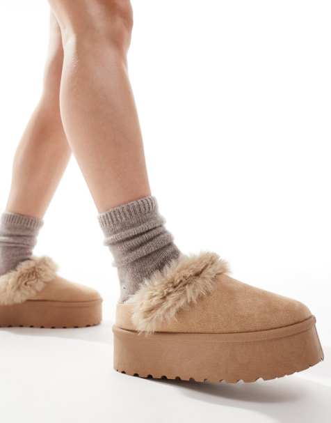 SEQWL faux fur flatform mules in sand - view 1