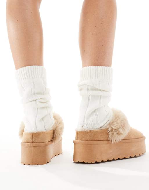 SEQWL faux fur flatform mules in sand, 3 of 4