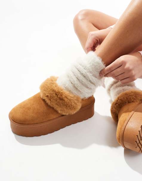 SEQWL faux fur flatform mules in tan - view 1
