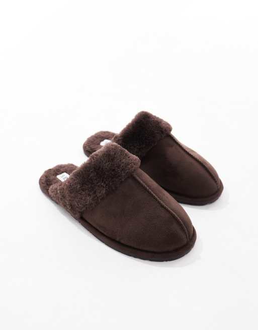 SEQWL faux fur mule slippers in brown ASOS