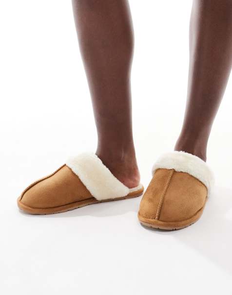 SEQWL faux fur mule slippers in sand - view 1
