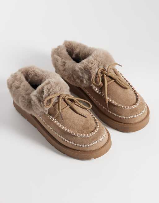 SEQWL faux-fur pantoffels met stiksel in mokka, 4 van 4