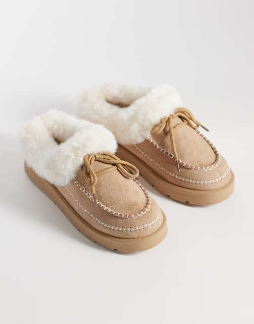 SEQWL faux-fur sloffen met stiksel in zandkleur, 3 van 4