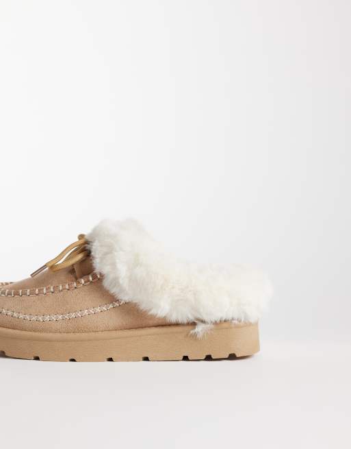 SEQWL faux-fur sloffen met stiksel in zandkleur, 4 van 4