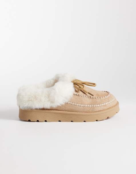 SEQWL faux fur stitch slippers in sand - view 1