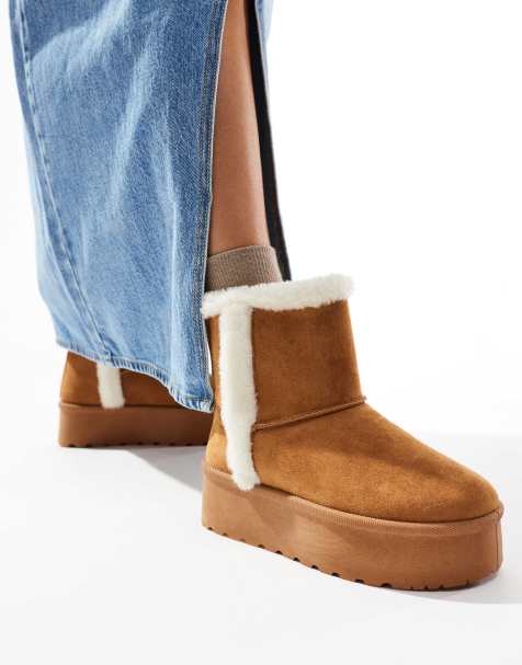 SEQWL faux fur topped flatform boots in tan - view 1