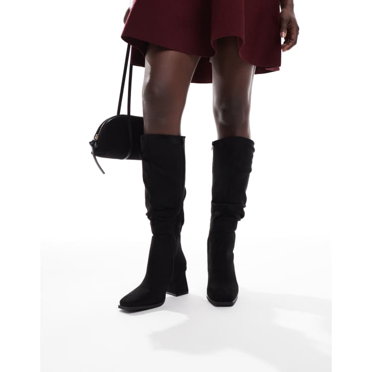 SEQWL Fished slouchy block heel knee boots in black | ASOS