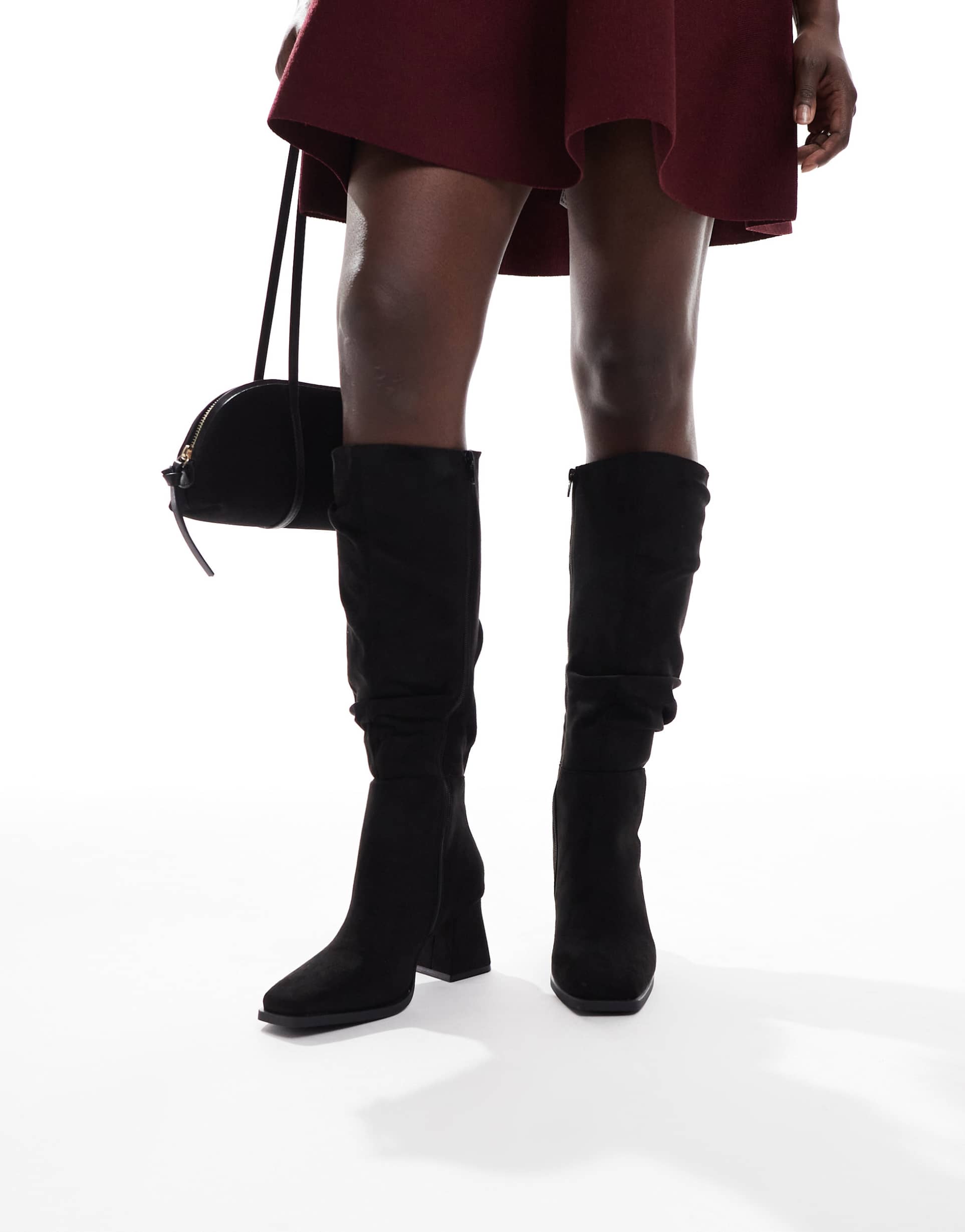 seqwl fished slouchy block heel knee boots in black