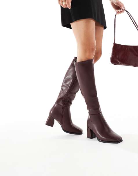 SEQWL Fisher block heel knee boots in burgundy - view 1