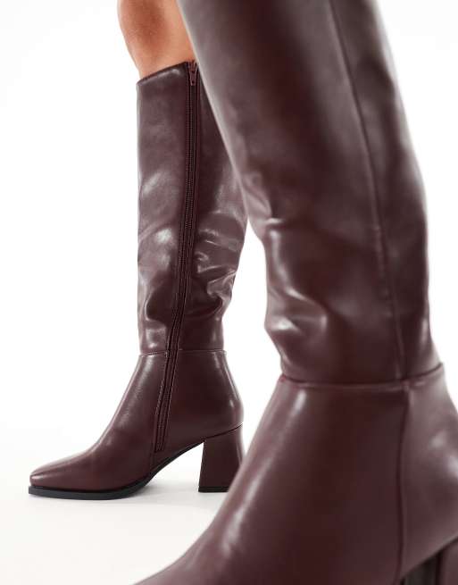 SEQWL Fisher block heel knee boots in burgundy