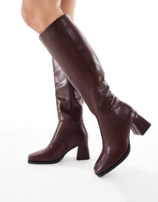 SEQWL Fisher block heel knee boots in burgundy