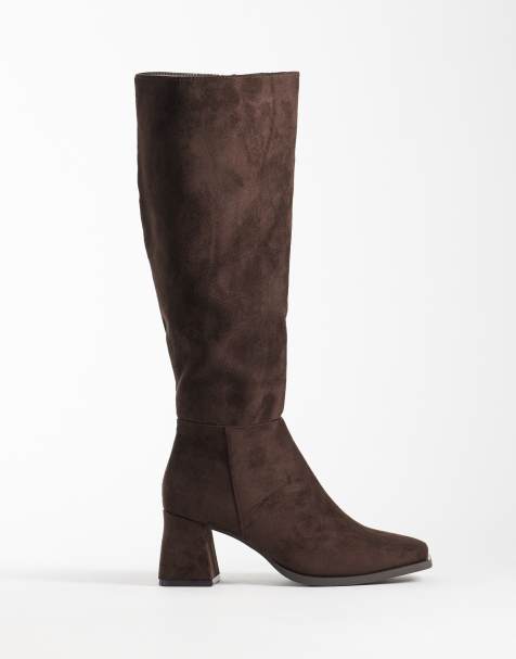 SEQWL - Fisher - Botas por la rodilla marrón chocolate con tacón grueso de antelina - view 1