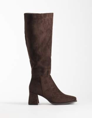 Seqwl Fisher Faux Suede Block Heel Knee Boots In Brown