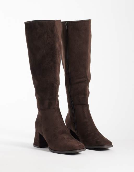 SEQWL Fisher faux suede block heel knee boots in chocolate brown, 3 of 4
